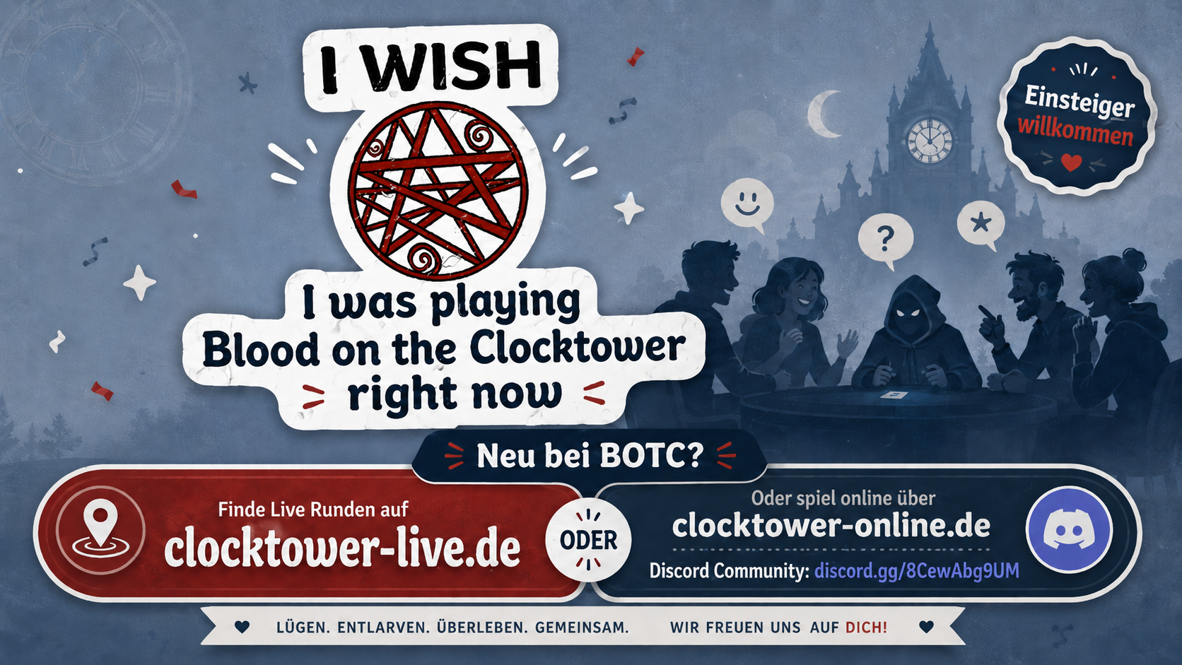 Neu bei Blood on the Clocktower? Finde Live Runden oder spiel online &uuml;ber clocktower-online.de und Discord.